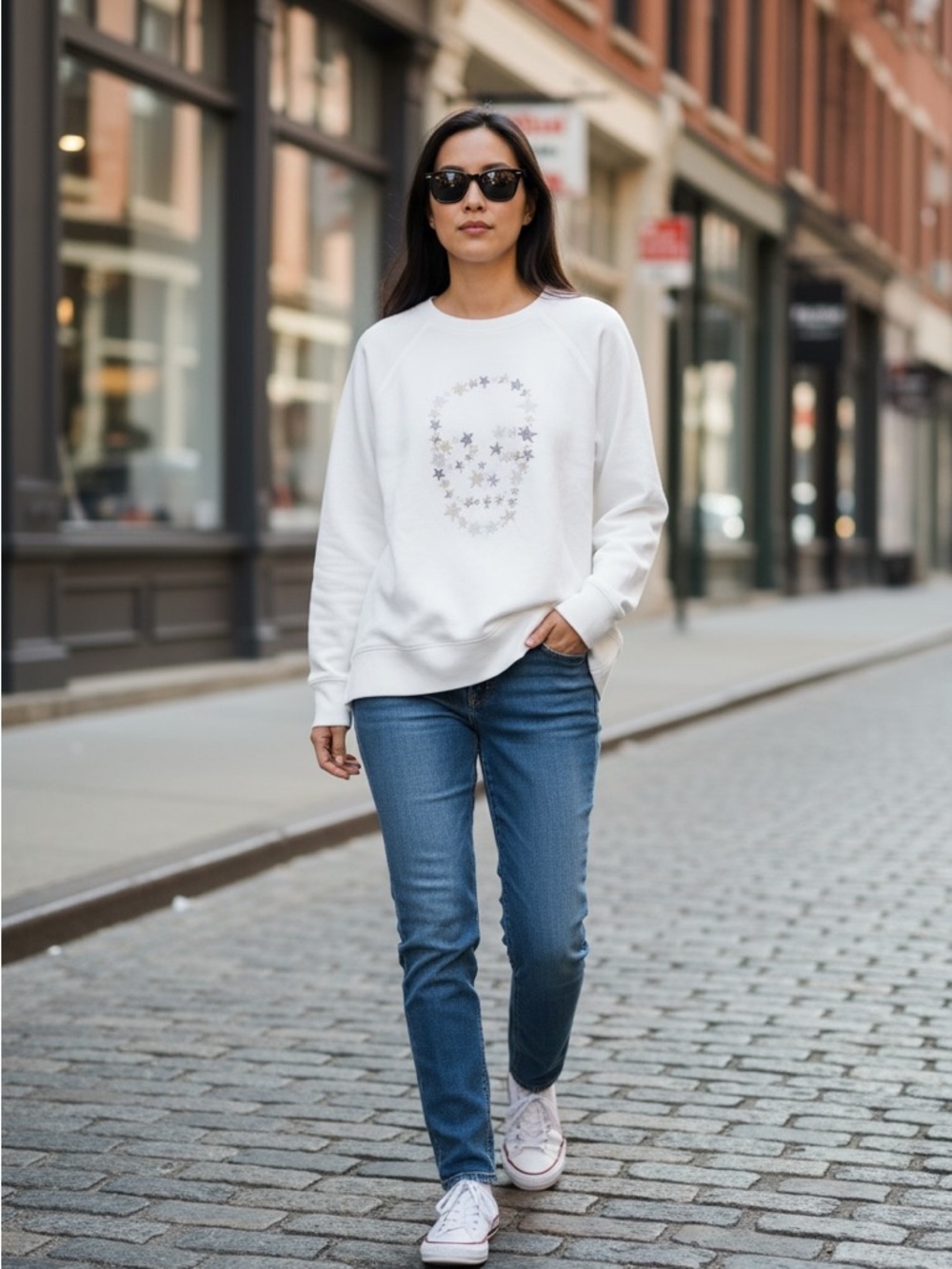 Zadig & Voltaire skull rhinestone Sweatshirt white raglan pullover cotton blend